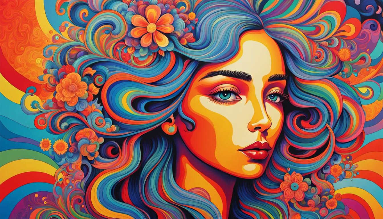 Vibrant Psychedelic Portrait with Kaleidoscope Hair and Mand...
