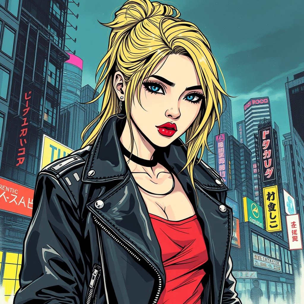 Cyberpunk Goddess in Shimmering Cityscape