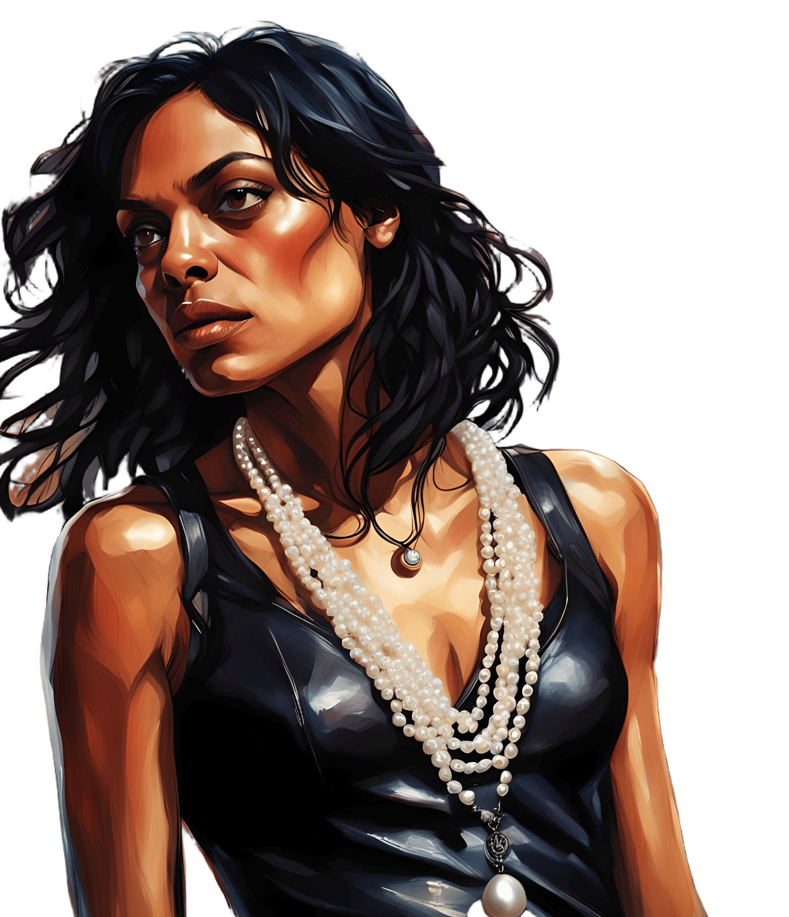Hyperrealistic Portrait of Rosario Dawson in Black Leather