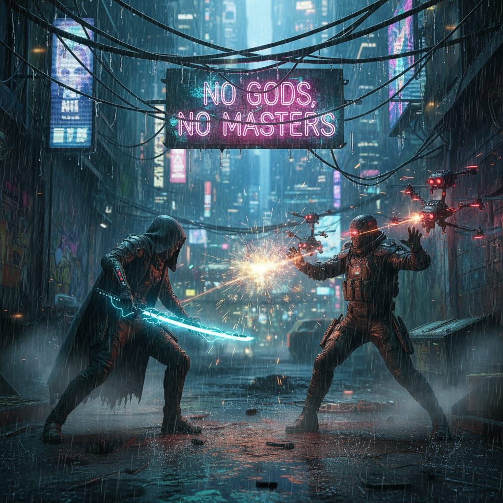Cyberpunk Showdown: Hackers Clash in Rainy Neon City