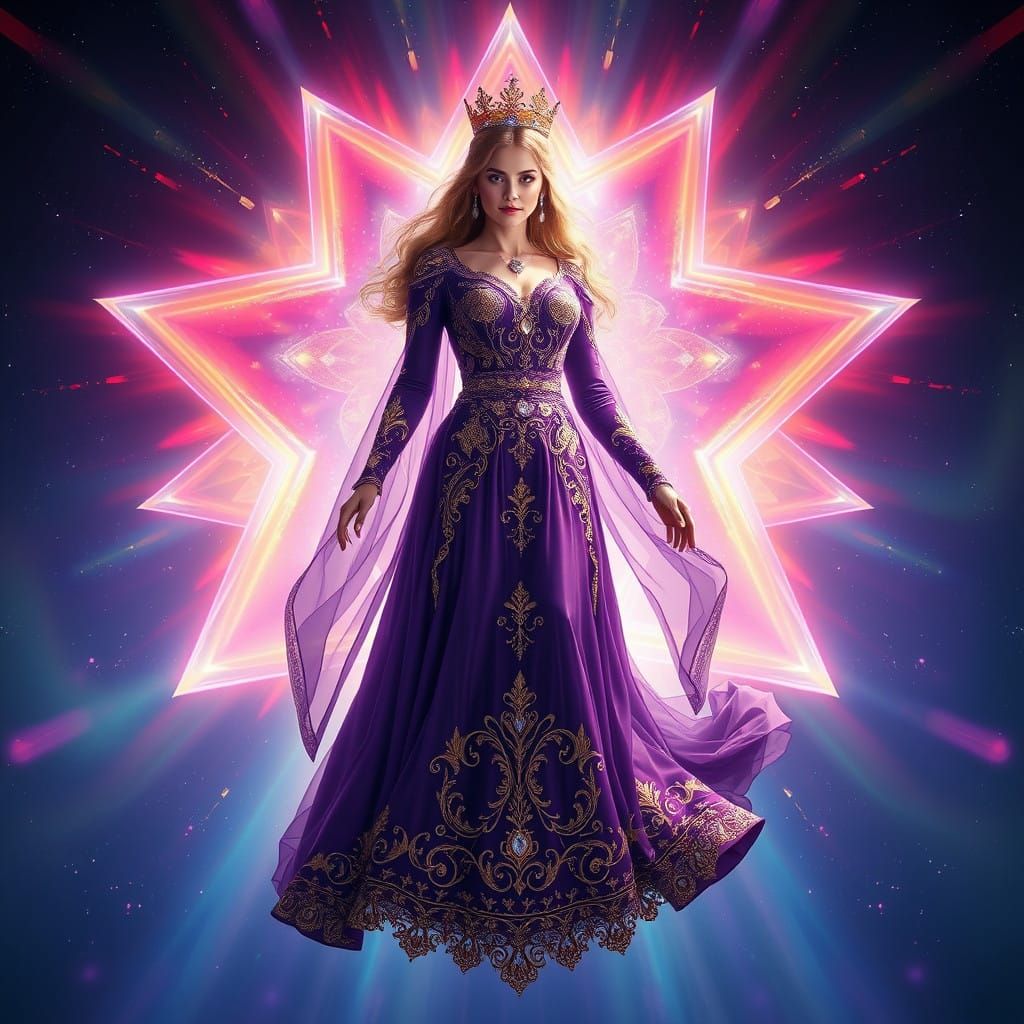 Mystical Queen Radiates Inner Light in a Kaleidoscopic Aura