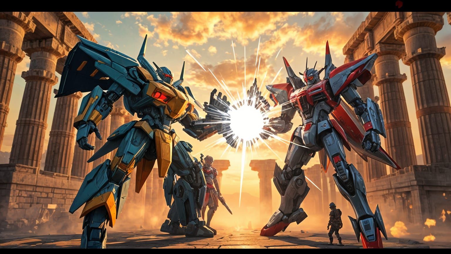 Futuristic Mecha Duel at Persepolis in Anime Style