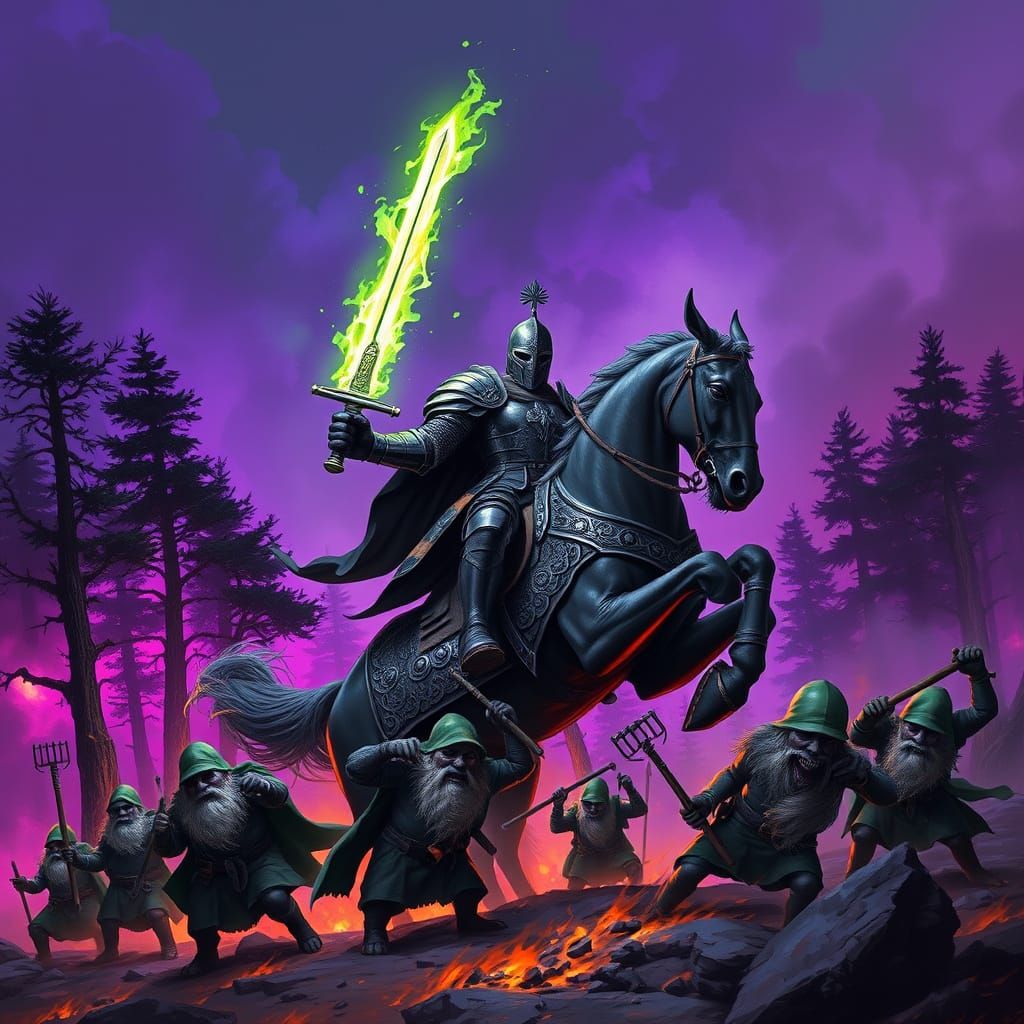 Black Knight with Fiery Sword Amidst Purple Flames