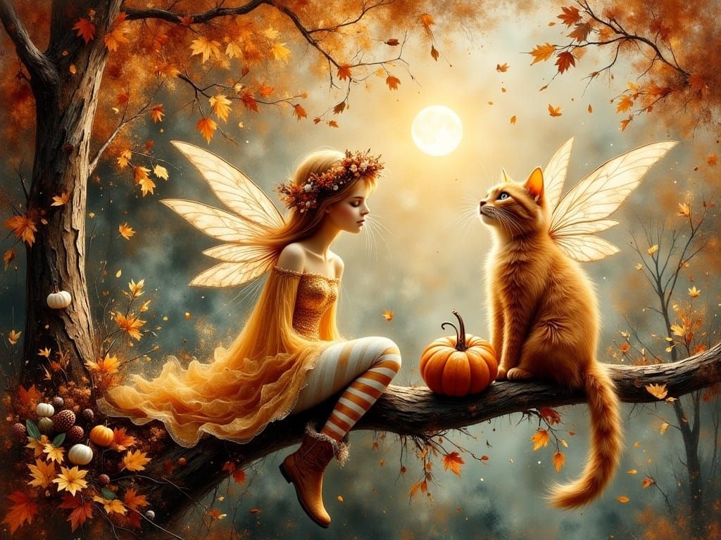 Whimsical Autumn Fairy with Ginger Cat in Enchanted Forest
