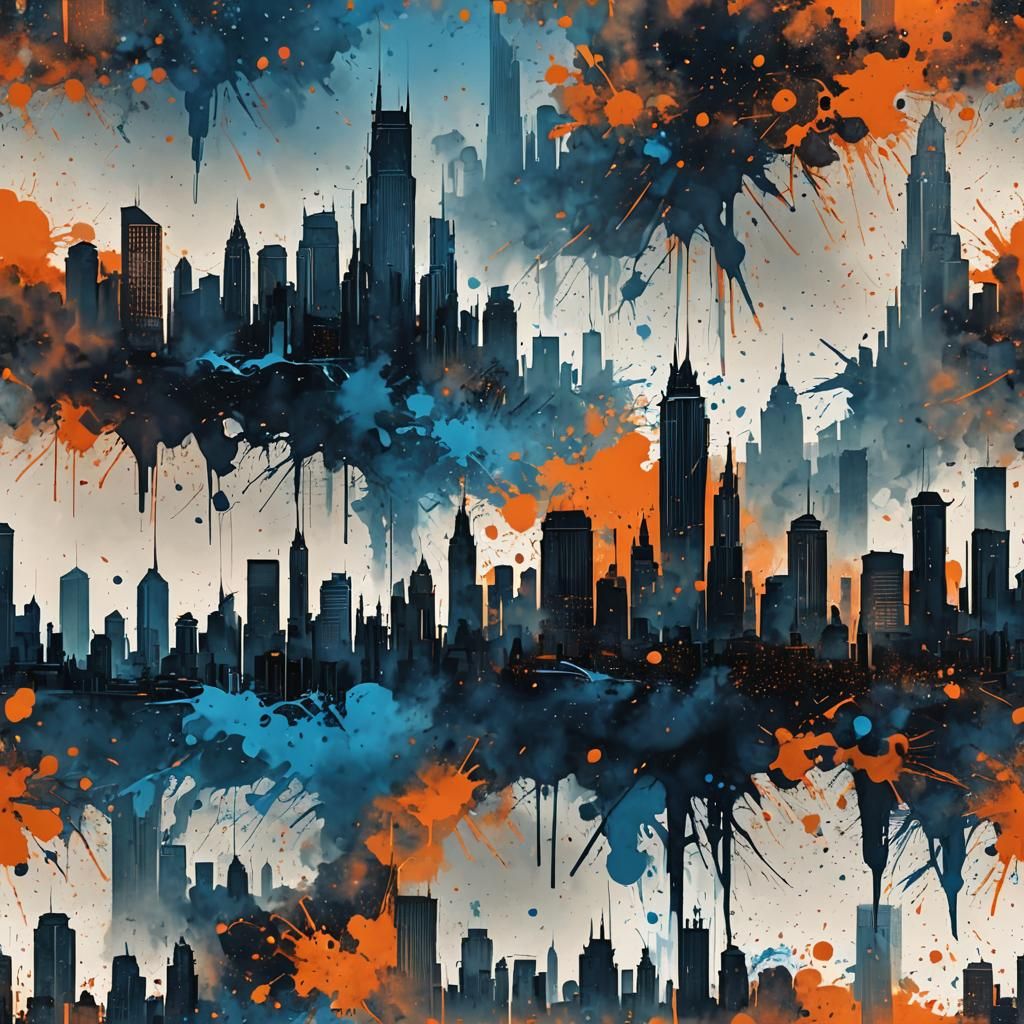 Cityscape Silhouette in Ink Splatter Art
