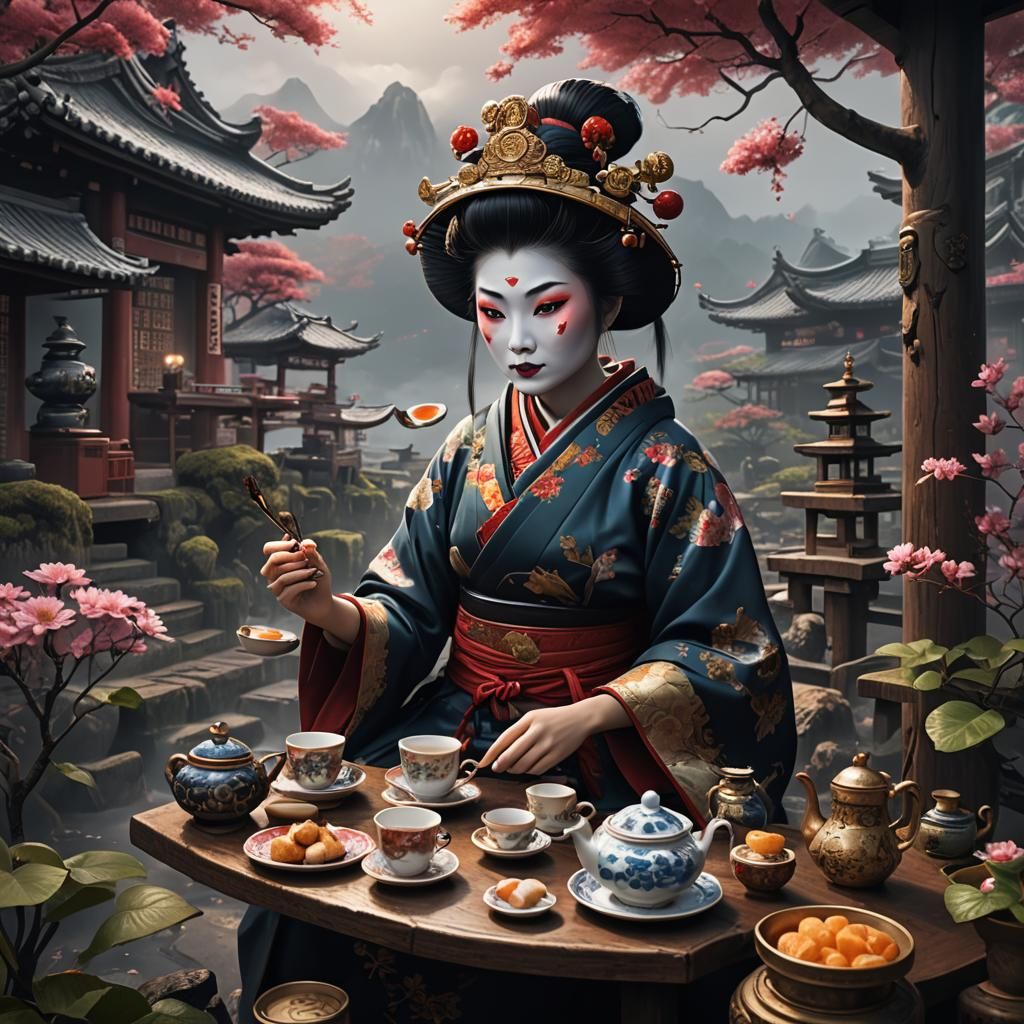 Geisha Gnome Tea Party: A Digital Matte Painting