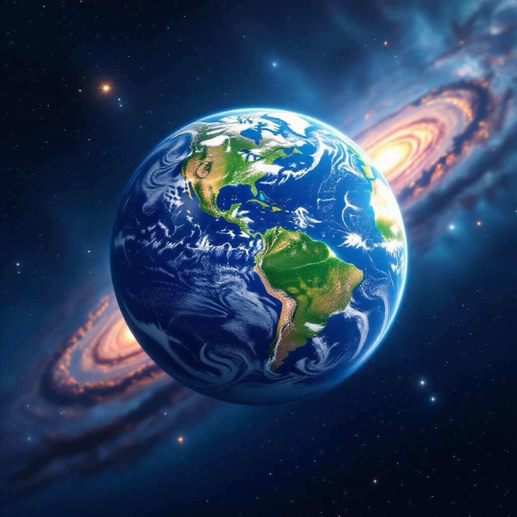 Earth Planet Rotating in Space with Stars and Galaxies