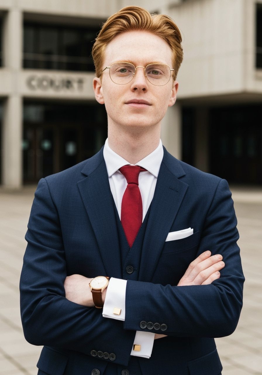 Ginger Lawyer in Suit Outside Concrete Courthouse