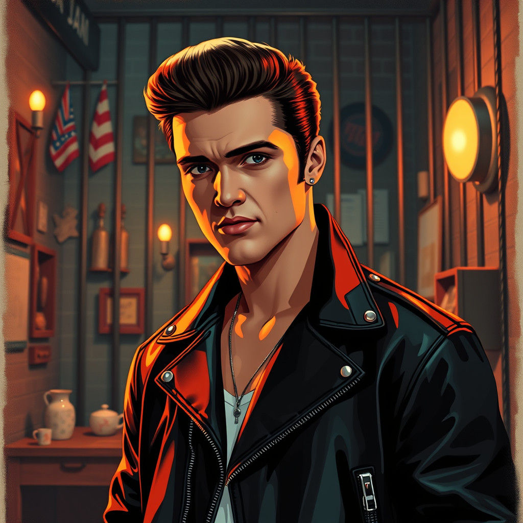 Elvis-Inspired Retro Scene in Comic Book Style