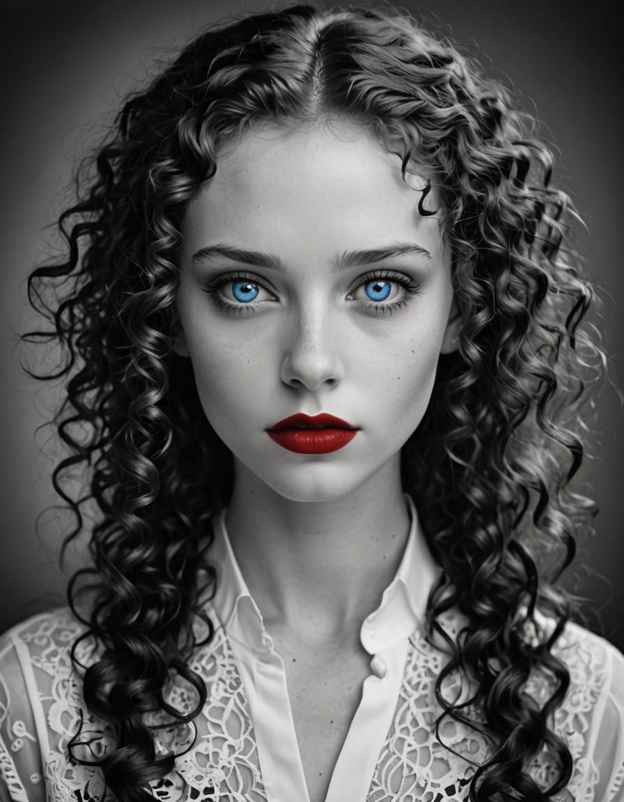 Striking Portrait: Girl with Blue Eyes and Red Lips