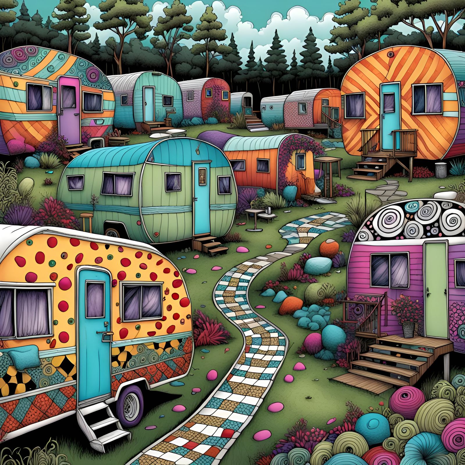 Zentangle Trailer Park in Detailed Digital Line Art