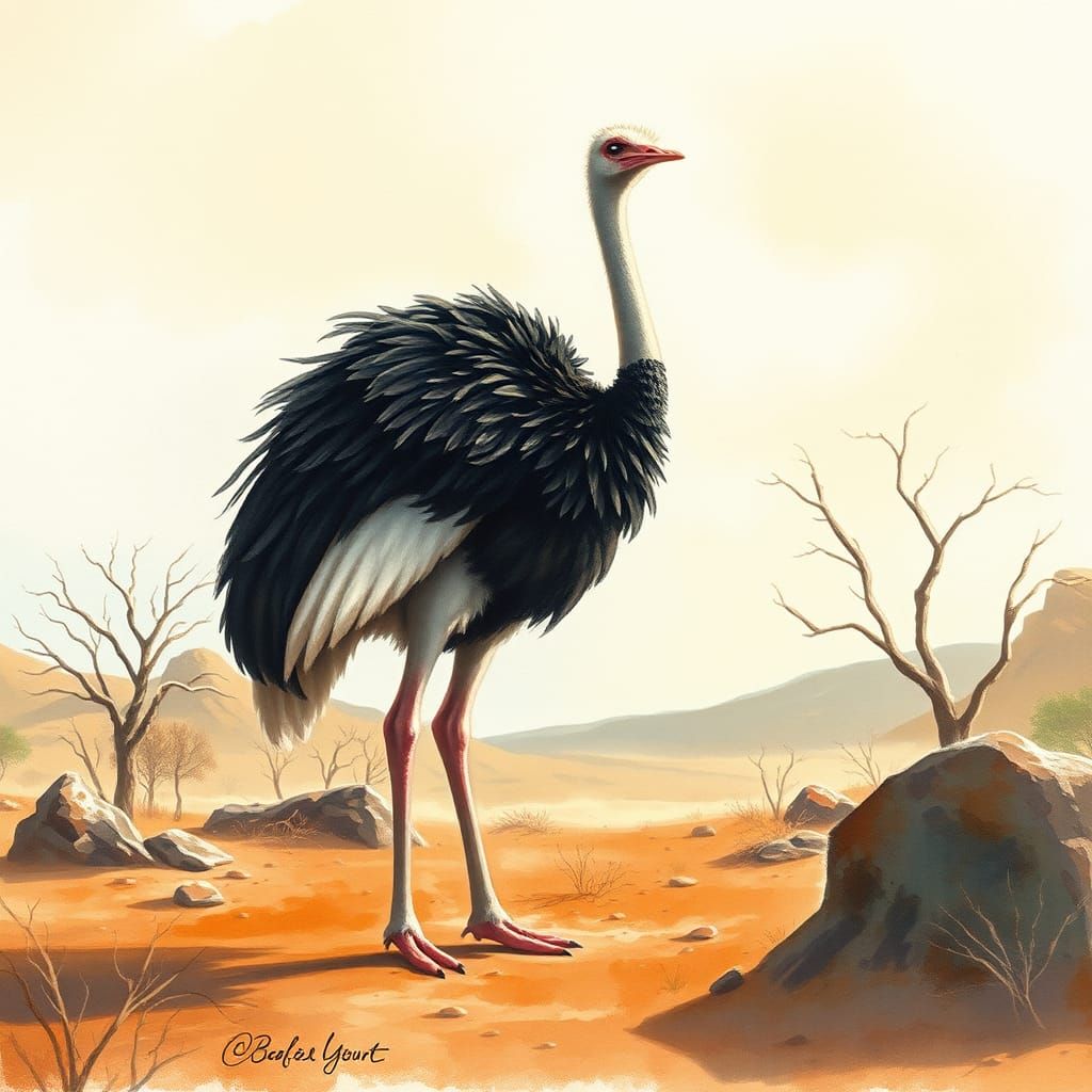 Ostrich Portrait in Great Karoo, Watercolour Style