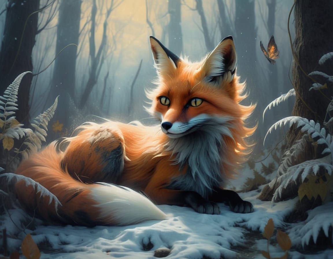 Fox in Winter Snow: Neo-Impressionist Oil Painting