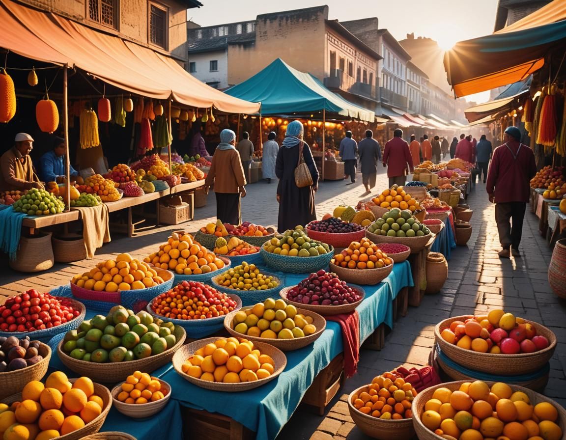 Vibrant Market at Sunset: Cinematic Film Still