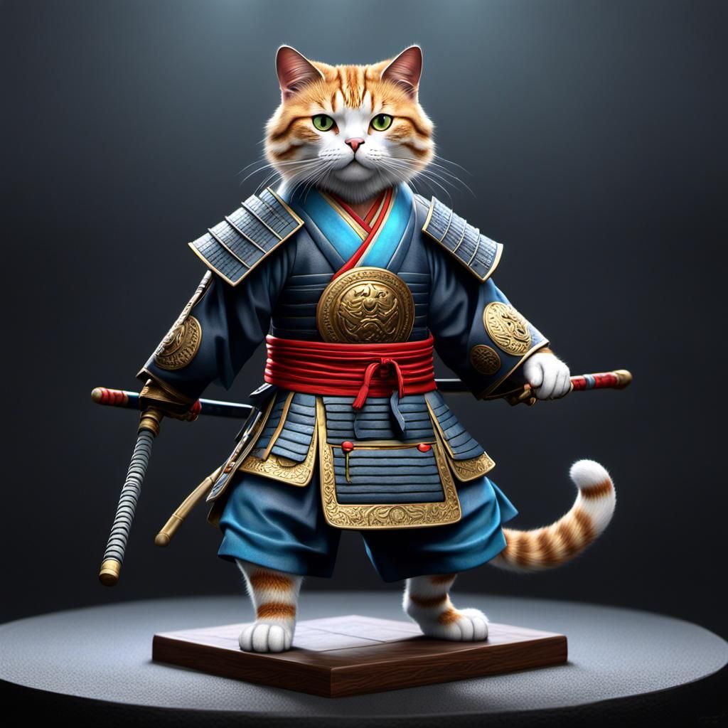 Samurai Cat Warrior in Kimono, Hyperrealistic Style