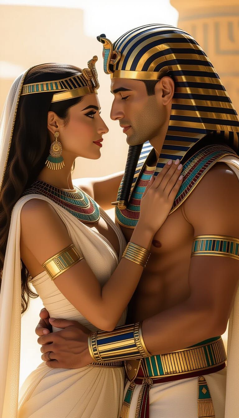 Egyptian Pharaoh and Queen in Romantic Embrace