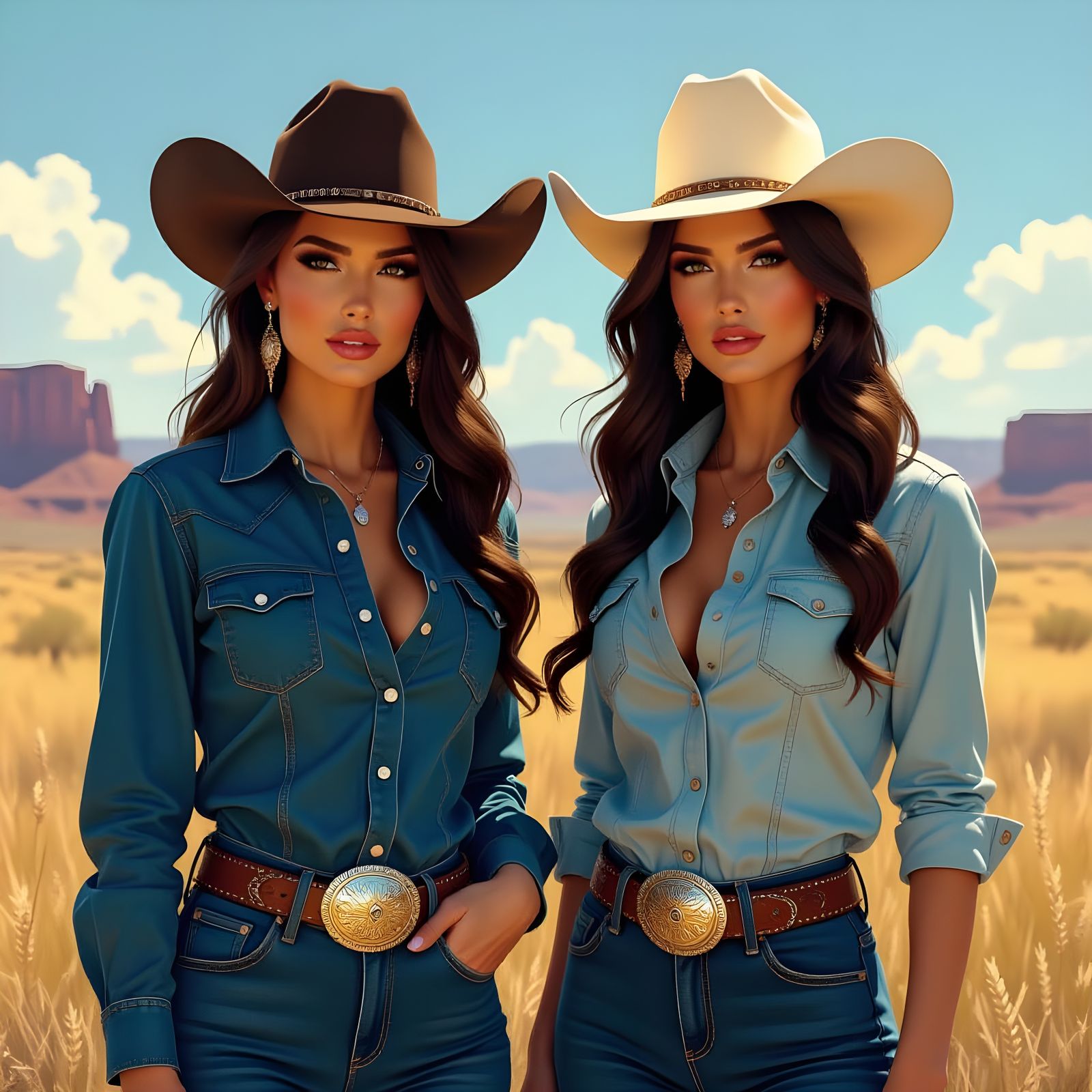 Two Cowgirls in Wild West Desert Landscape, Textured Art