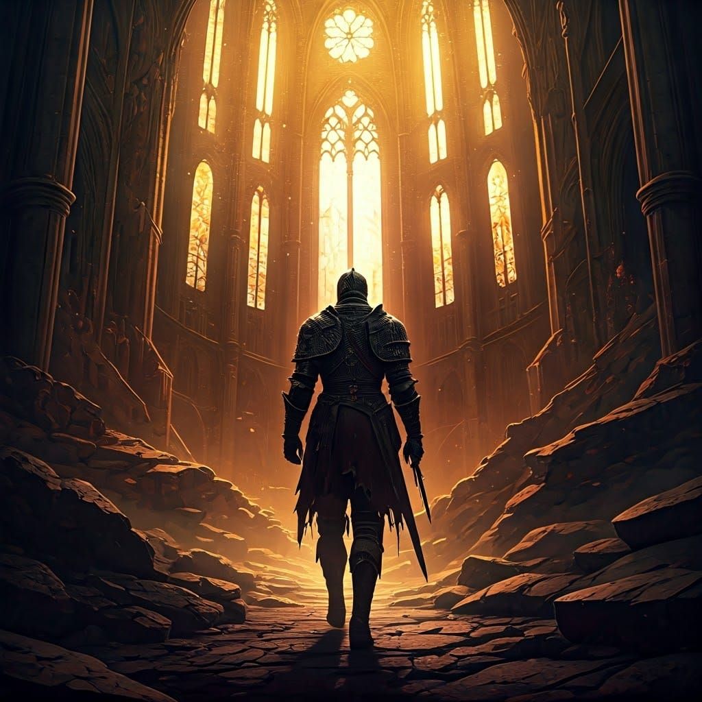 Dark Fantasy Knight Walks Through Ruined City in Hyper-Detai...