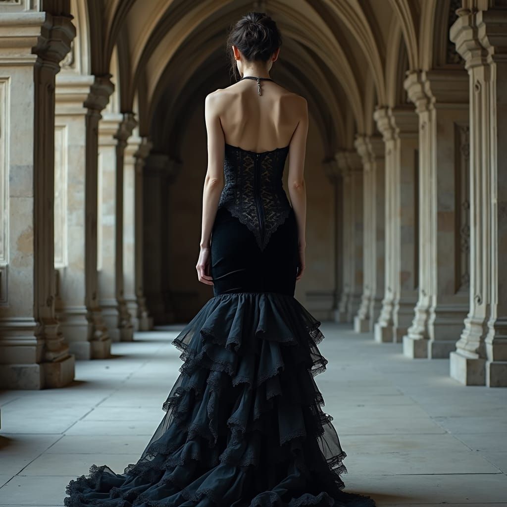 Elegant Woman in Gothic Dress Amidst Ornate Arches