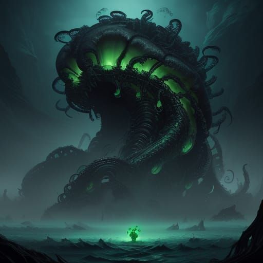 Cyberpunk-Inspired Biomechanical Beast in Dark, Toxic Ocean