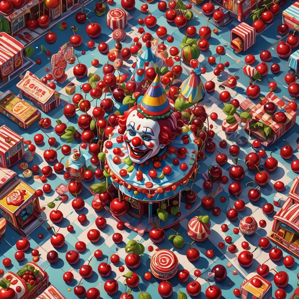 Whimsical Cherry Clown Circus in Candy Art Style