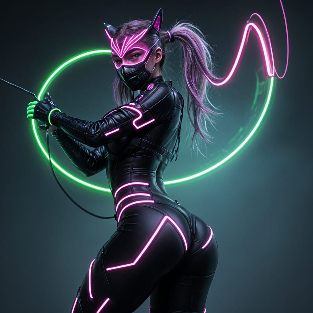 Cyberpunk Goddess Wields Neon Whip in Futuristic Night