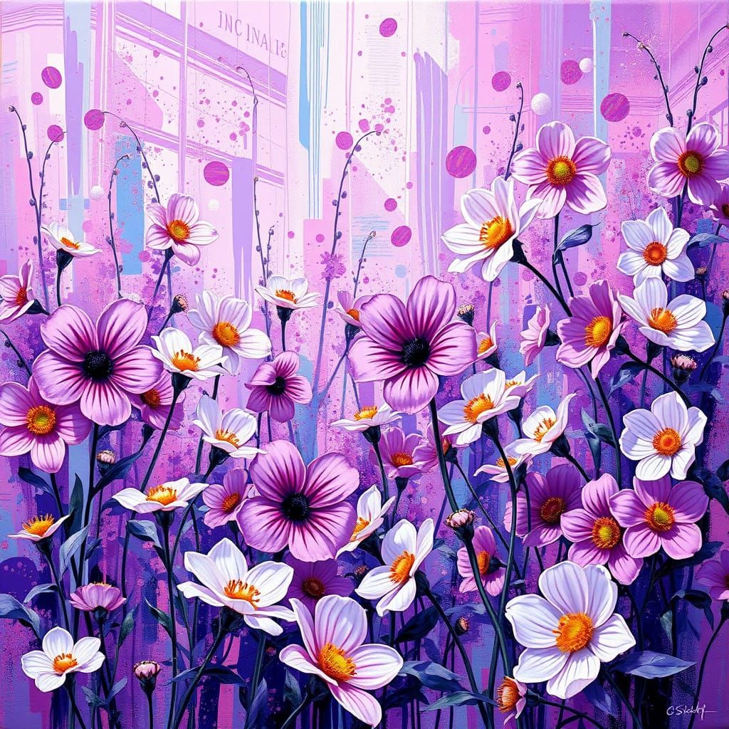 Vibrant Lilac Floral Cityscape in Graffiti Style