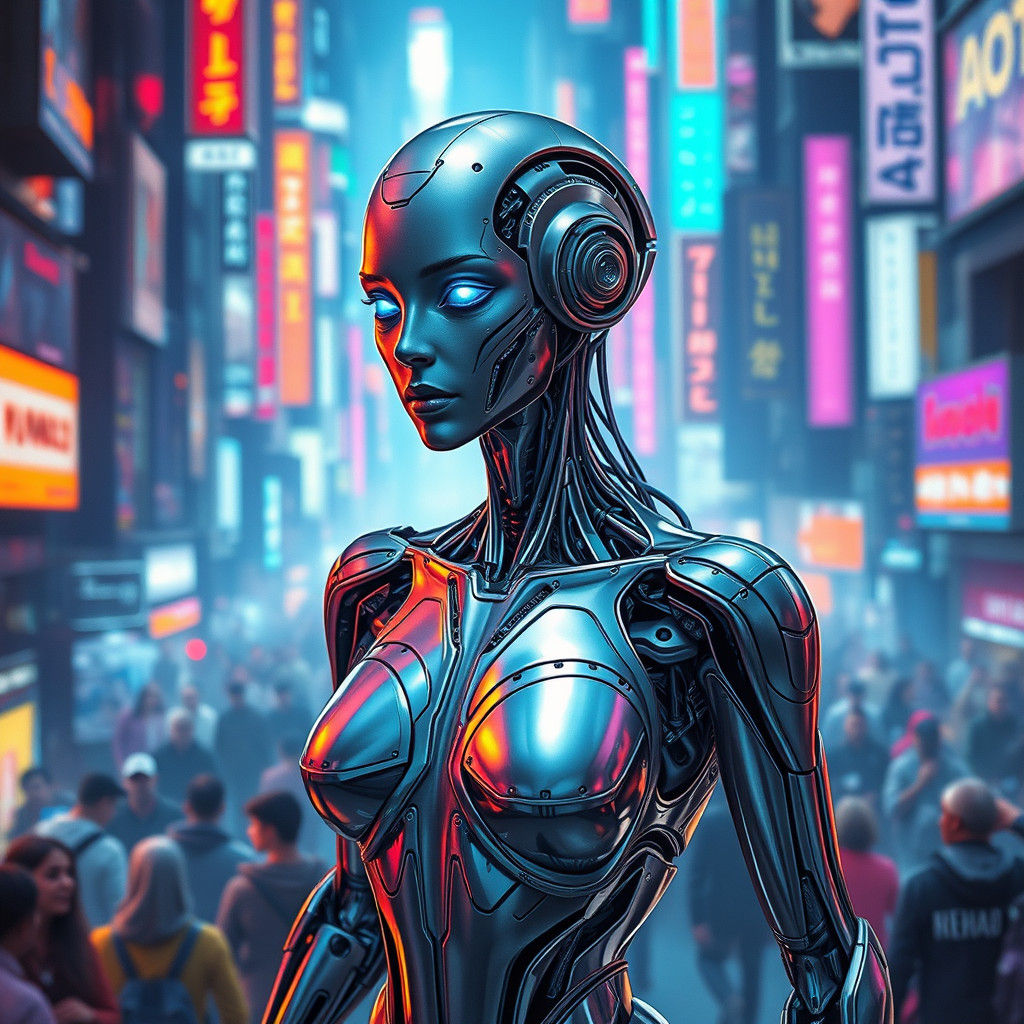 Aerodynamic Cyborg in Neon Metropolis as Cyberpunk Art