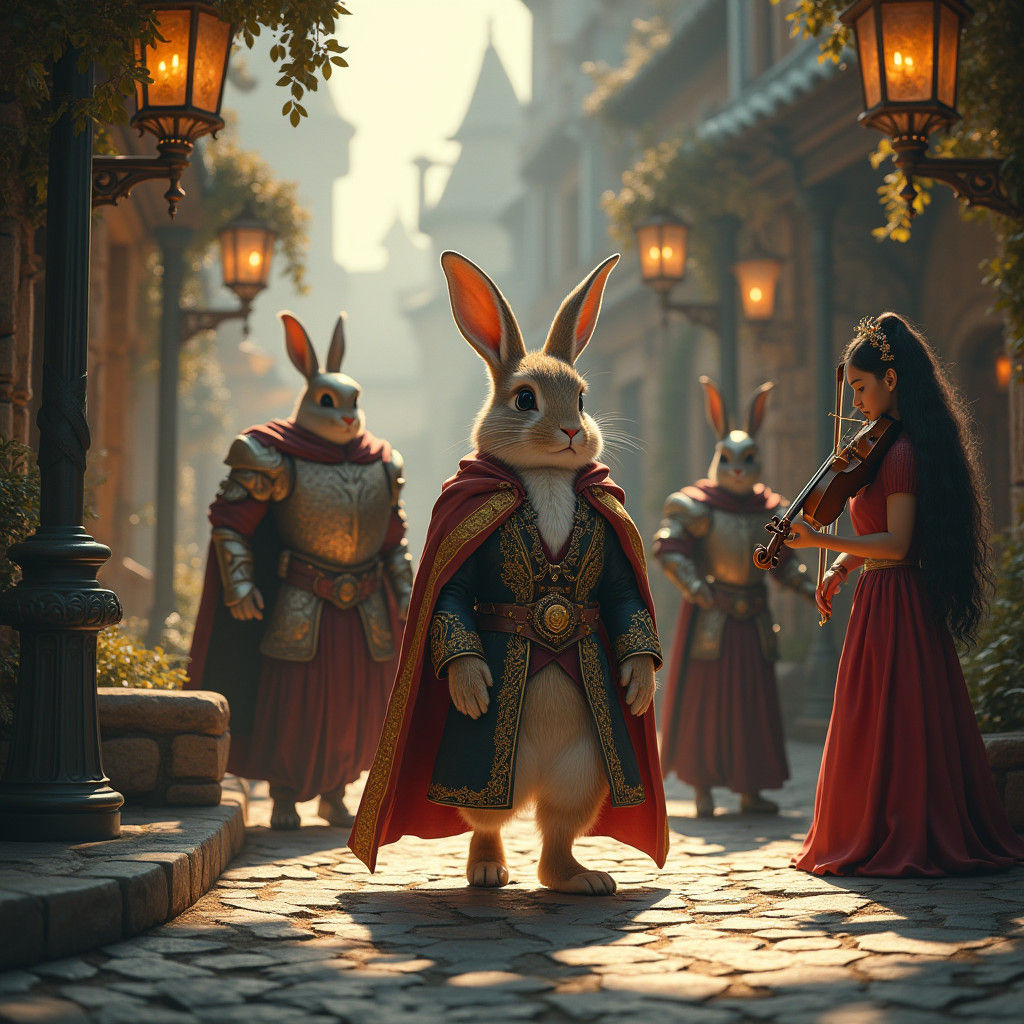 Regal Bunny Listens to Violin Music in Street
