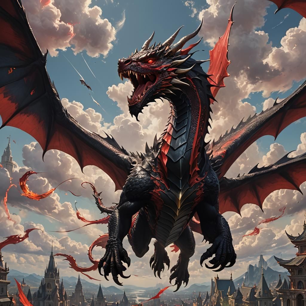 Red and Black Dragon in Flight, Digital Art
