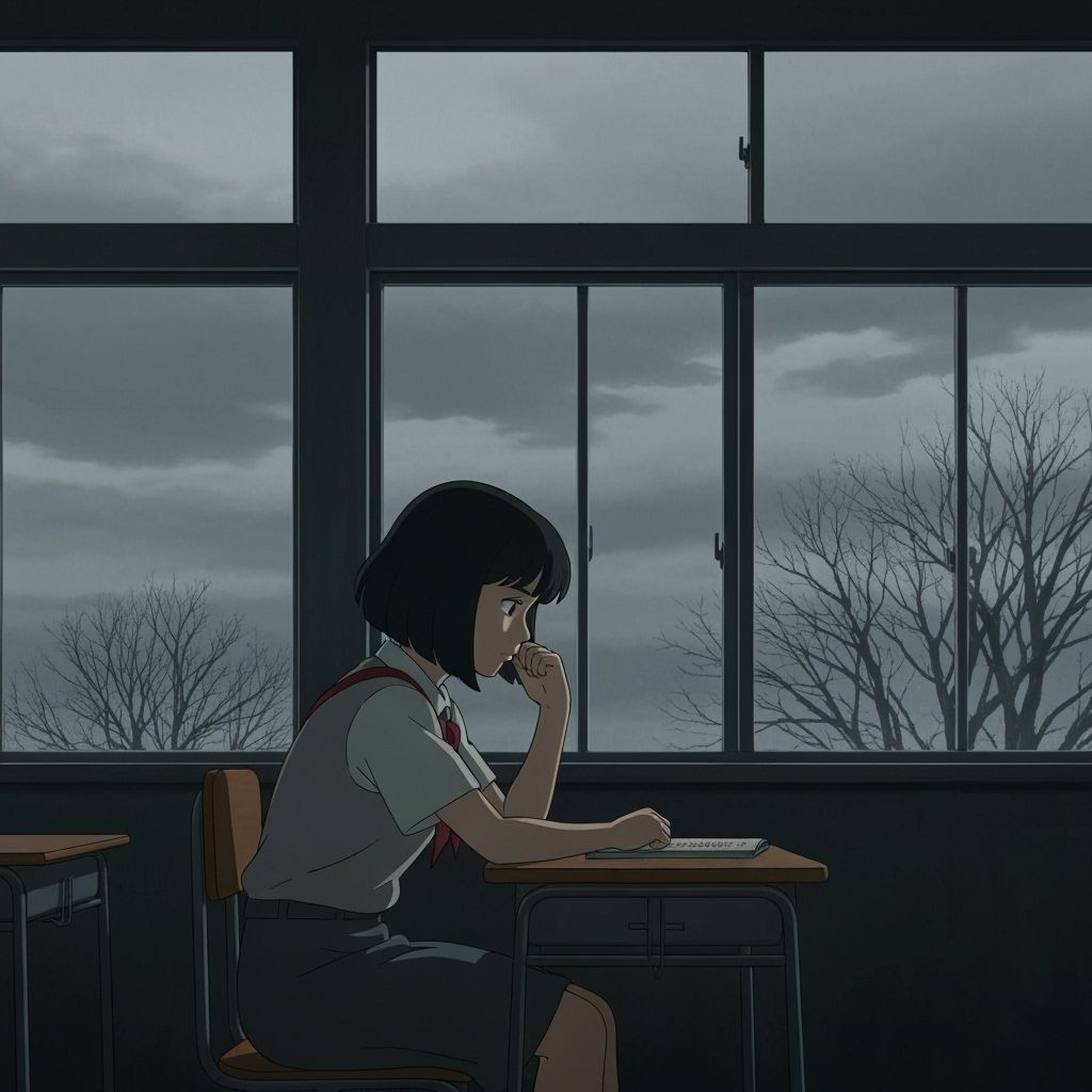 Ghibli Style Drawing of Woman at School Desk