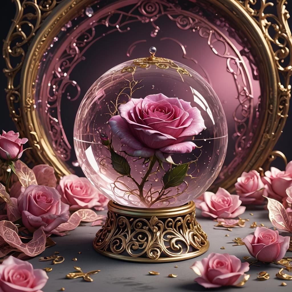 Pink Rose Inside Gold Filigree Crystal Ball