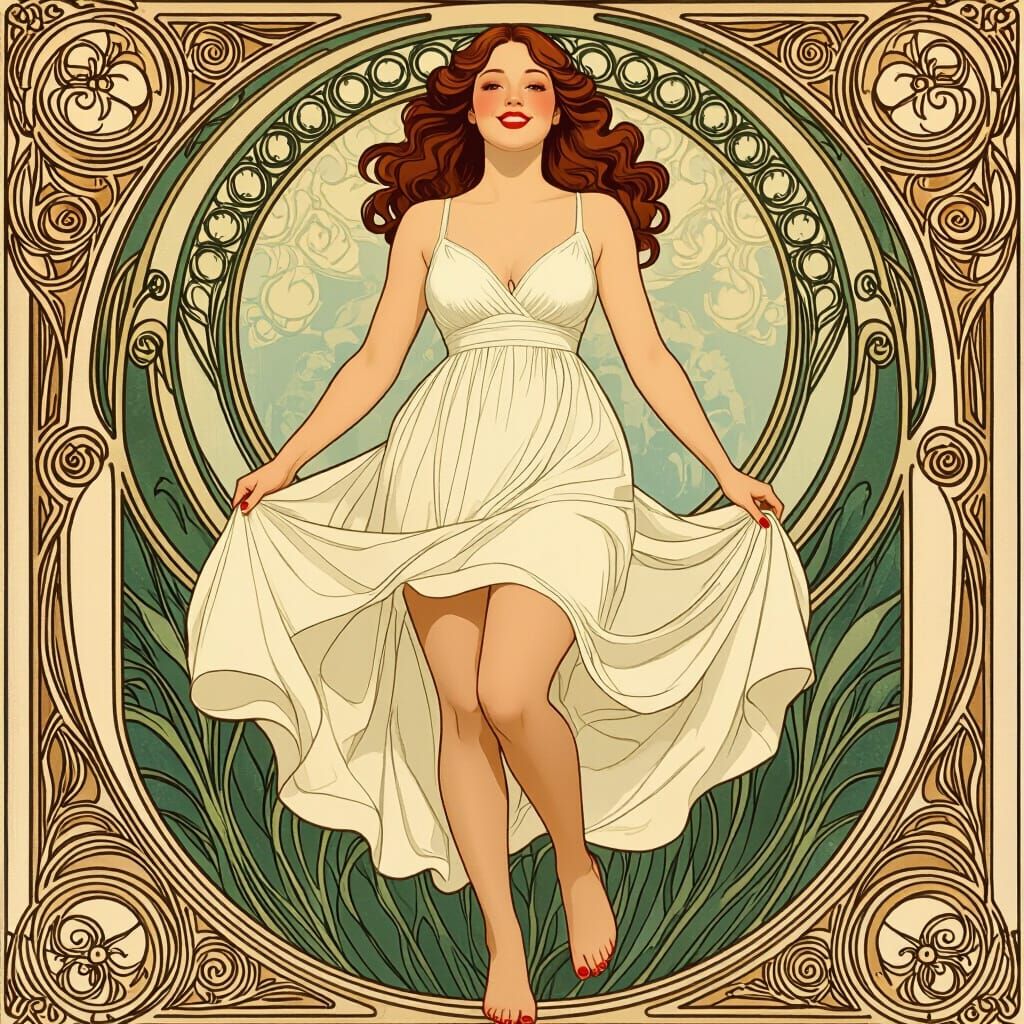 Smiling Woman in Flowing Dress, Art Nouveau Style