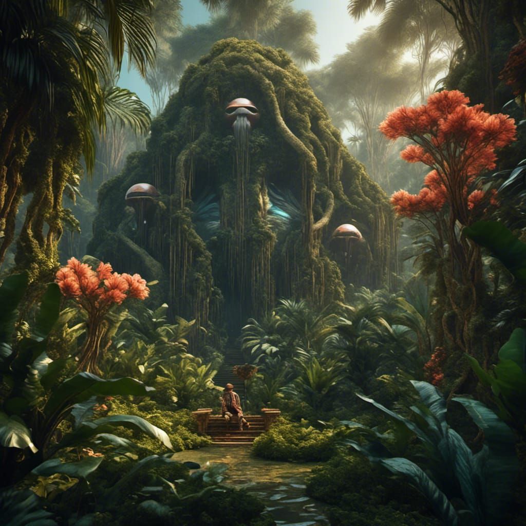 Alien in Jungle Juxtaposed with Pastel Flowers