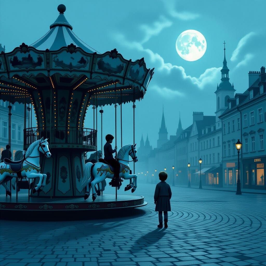 Melancholic Carousel in Desolate Twilight City Square