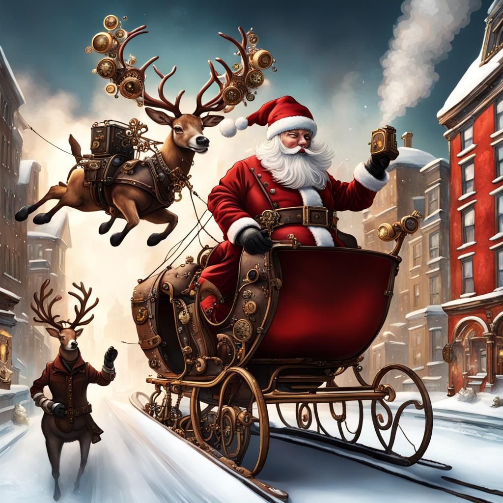 Steampunk Santa Claus Soaring Over City