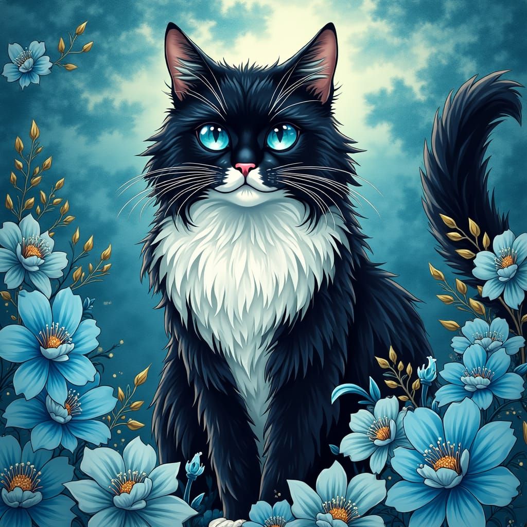 Majestic Tuxedo Cat in Anime Key Visuals Style