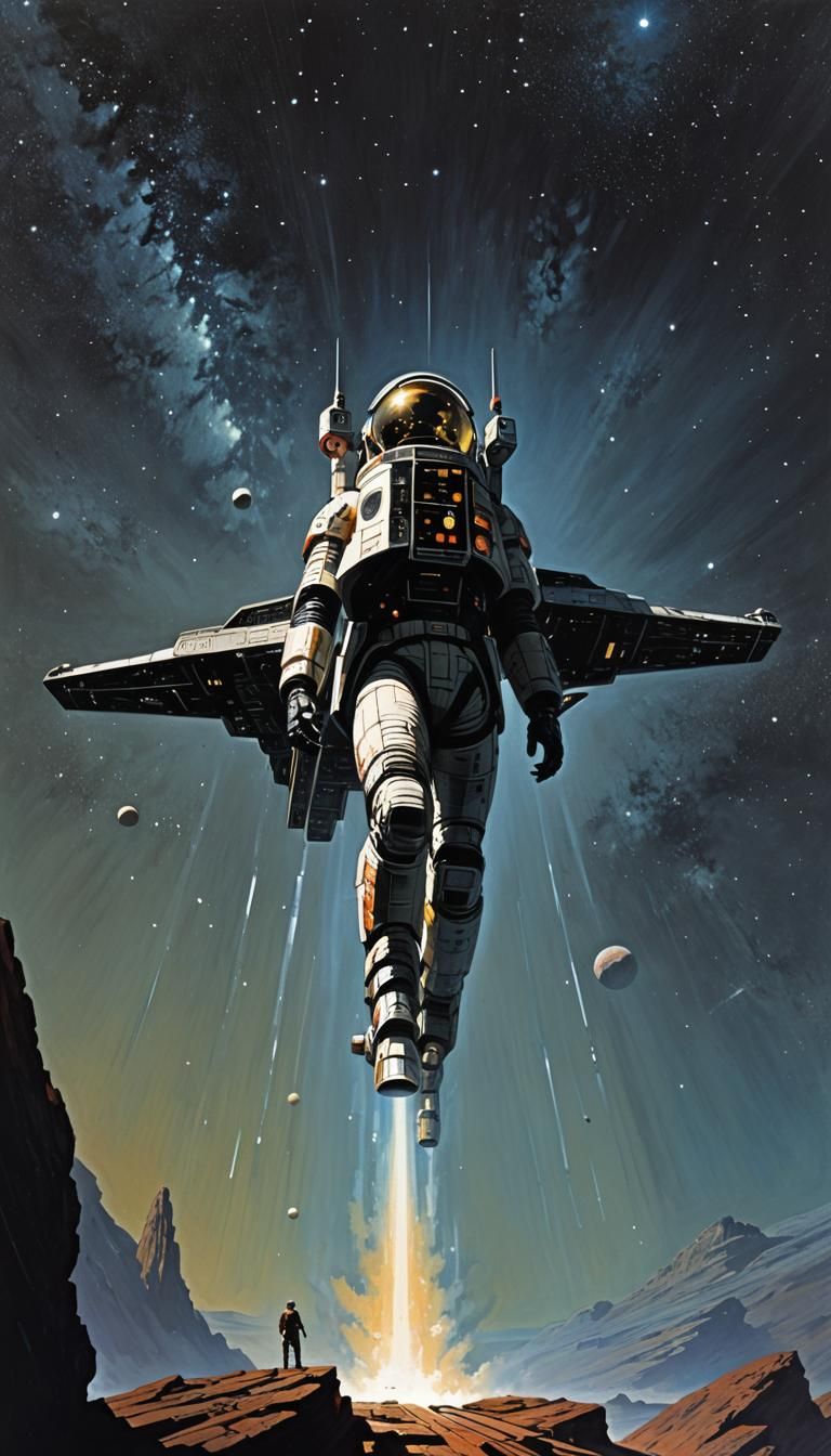 Retro-Futuristic Space Hero on Spaceship