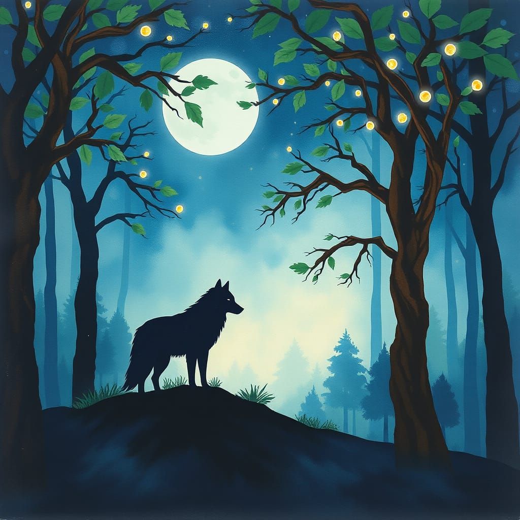 Whimsical Forest Scene with Lone Wolf Silhouette in Dreamlik...