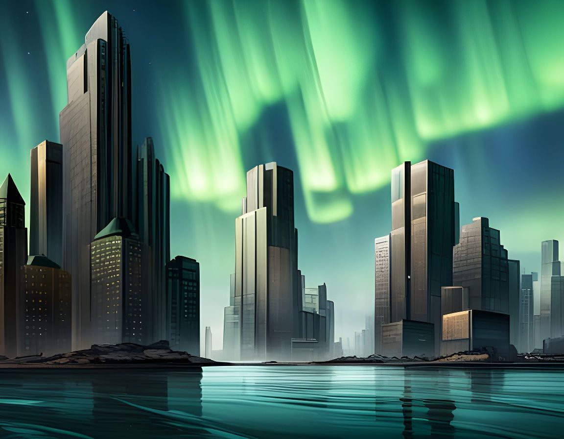 Dystopian Megacity Along Northwest Passage With Aurora