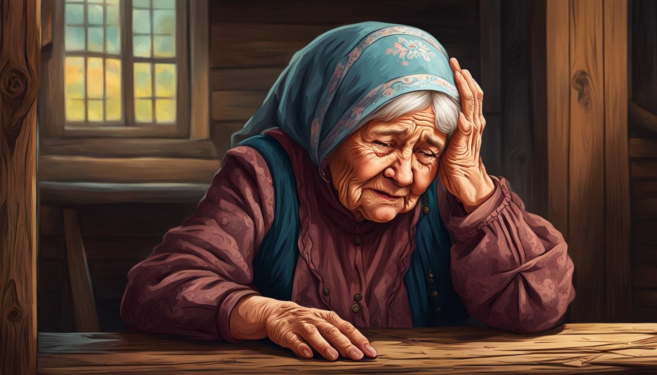 Detailed Illustration of a Crying Russian Grandmother