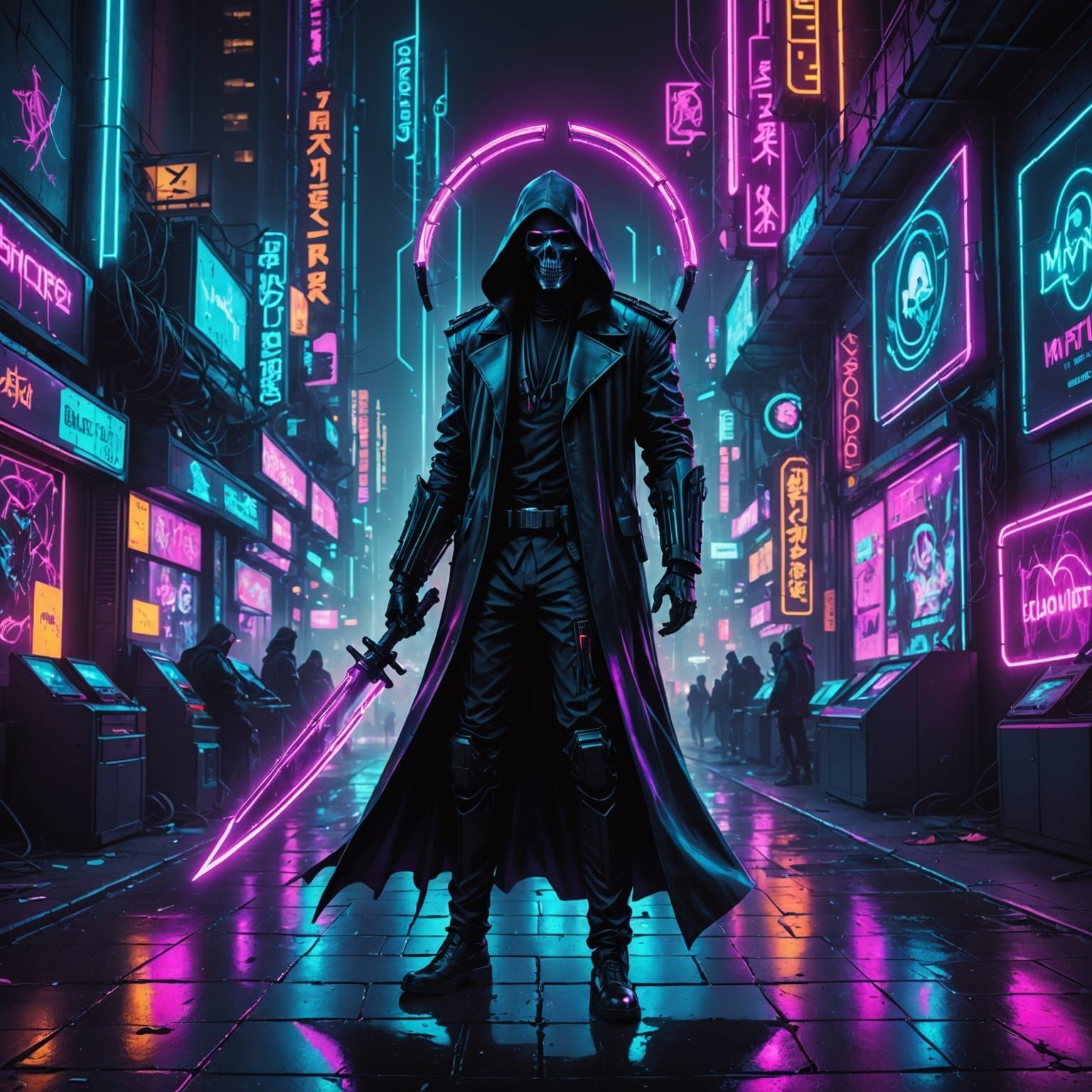 Grim Reaper in Neon Cyberpunk Cityscape