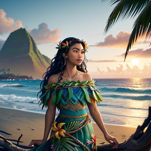 Hyperrealistic Disney Princess on Driftwood Beach at Sunset