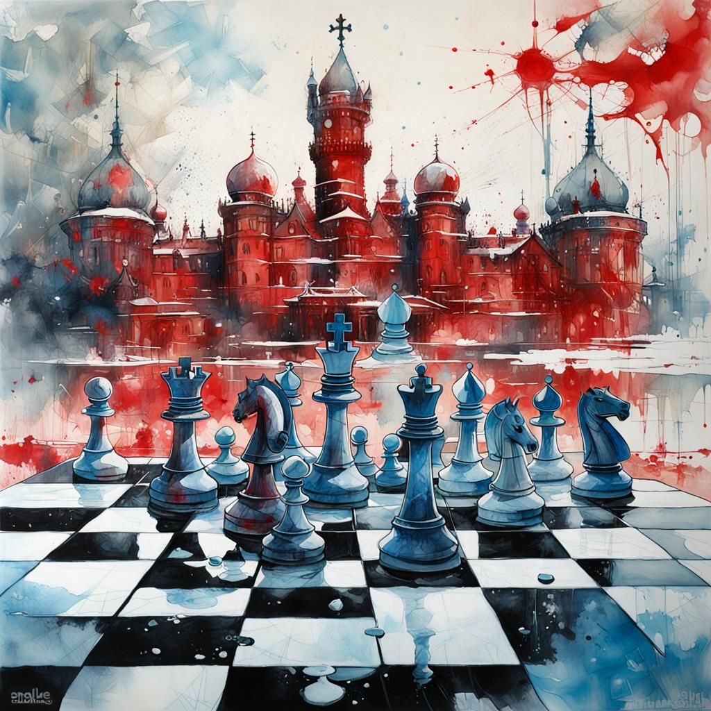 Icy Palace Chessboard in Double Exposure Watercolor
