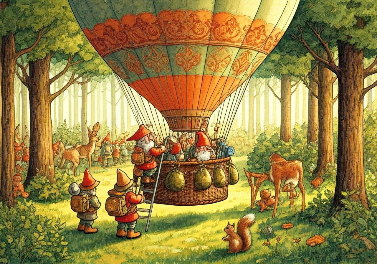 Gnomes' Whimsical Hot Air Balloon Adventure