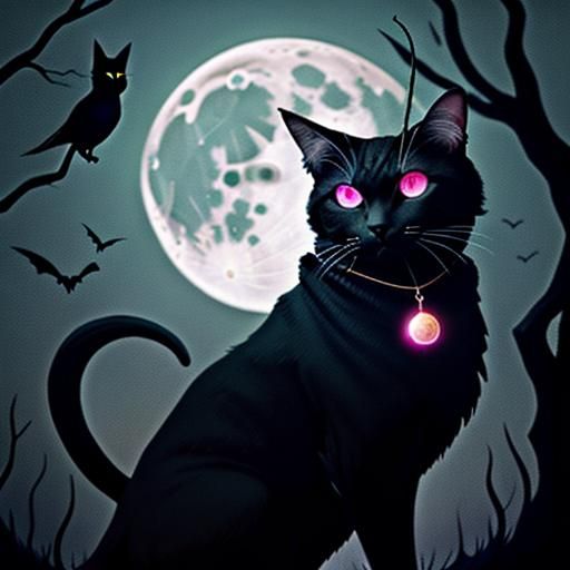 Surreal Witch Cat with Scythe in Moonlit Forest
