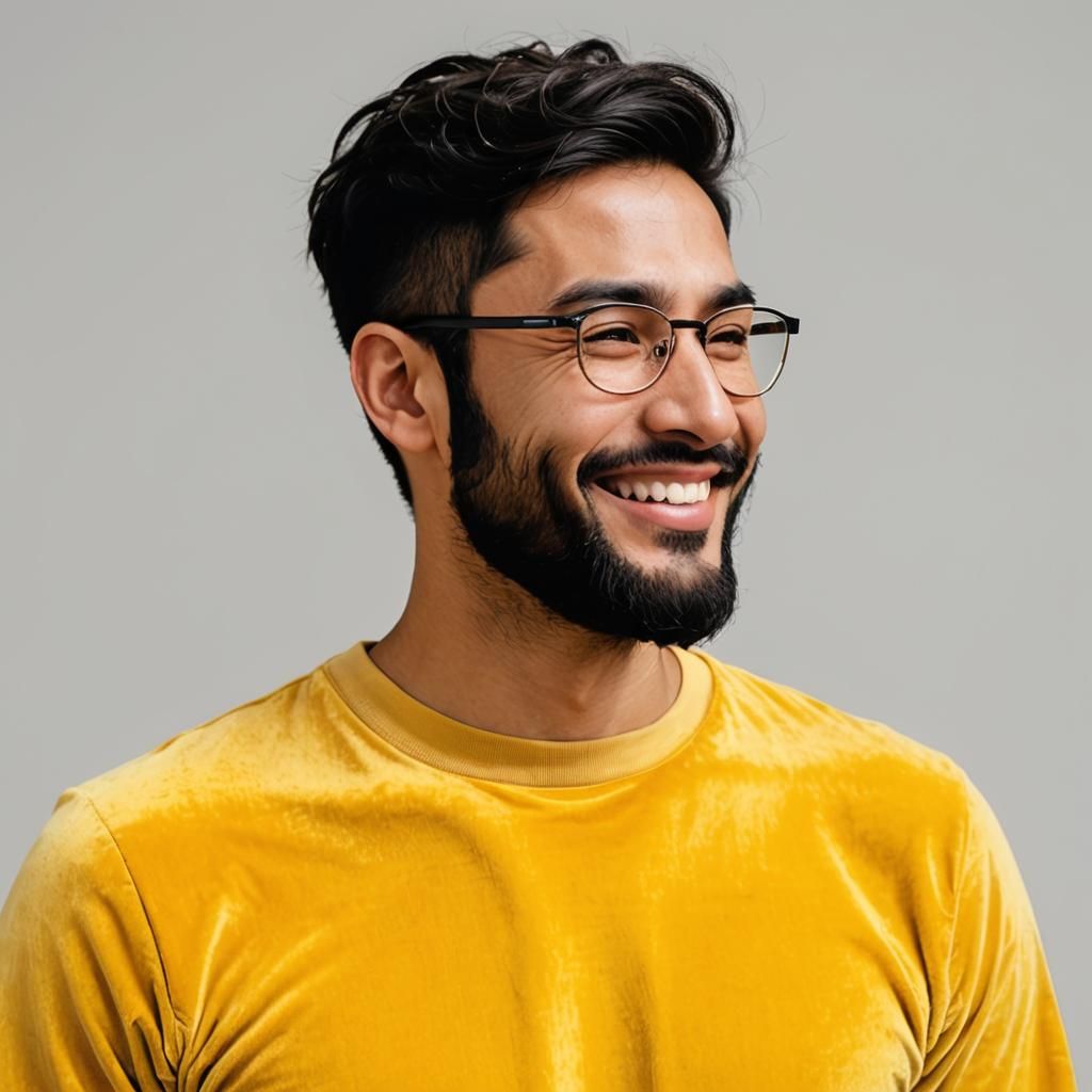 Smiling Man in Yellow Velvet Shirt: Impasto Oil Painting
