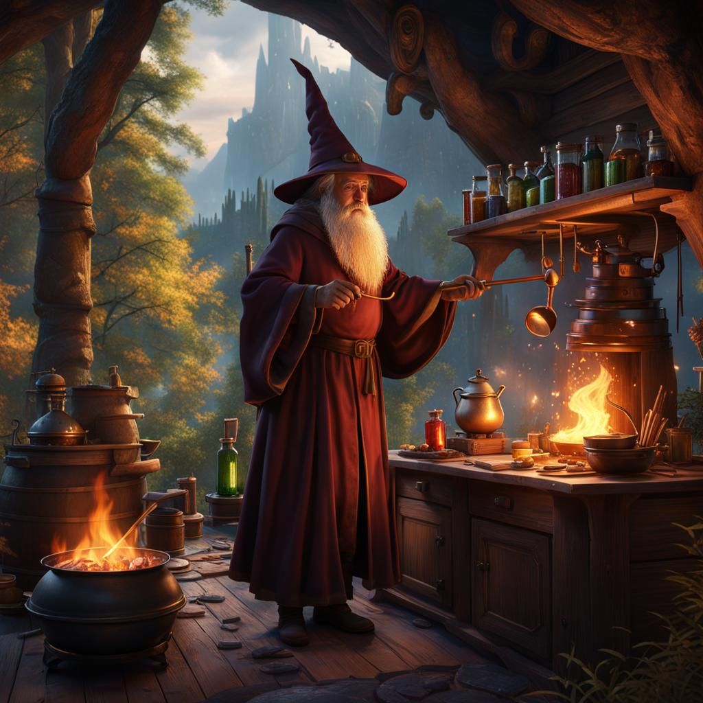 Wizard in Forest Lab Cooking Magical Brew