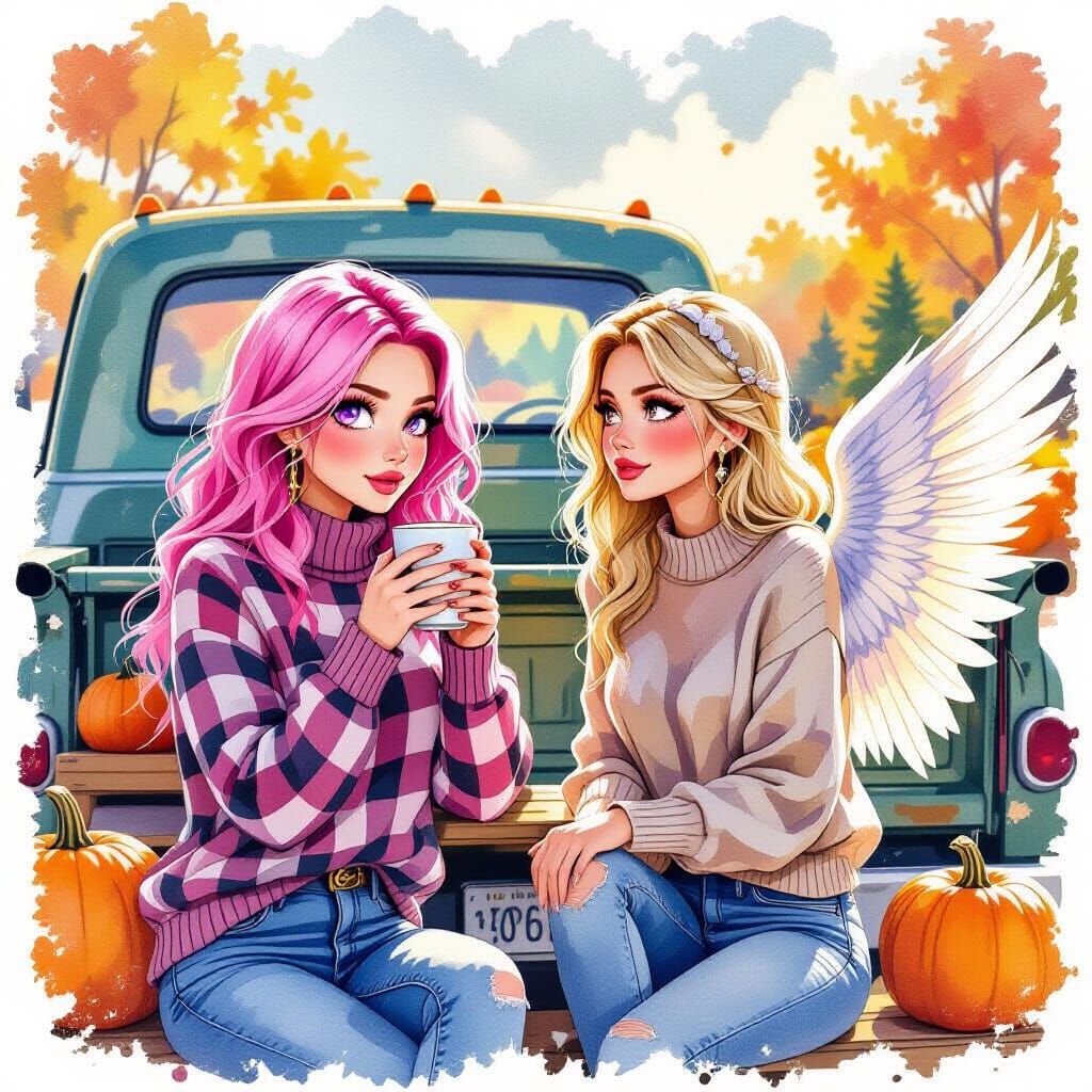 Woman and Angel in Pumpkin Patch