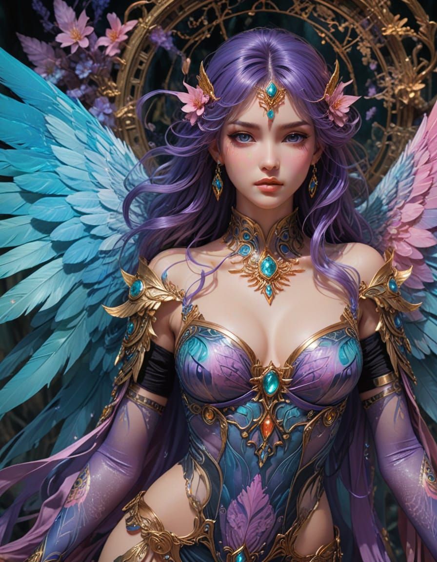 Gentle Fantasy Harpy Goddess with Tribal Tattoos and Majesti...